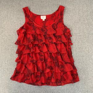 eci Red Tiered Ruffled Top Sleeveless 6Petite Side Zipper Blouse Polyester